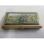 Persian white metal cigarette box, the hinged cover with an enamelled scene of a Mosque in the