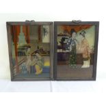A pair of early 20th century Chinese framed and glazed glass paintings of figures in interior scenes
