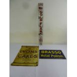 Three enamel metal signs, Lyons Cakes double sided, Wills Gold Flake and Brasso Metal Polish