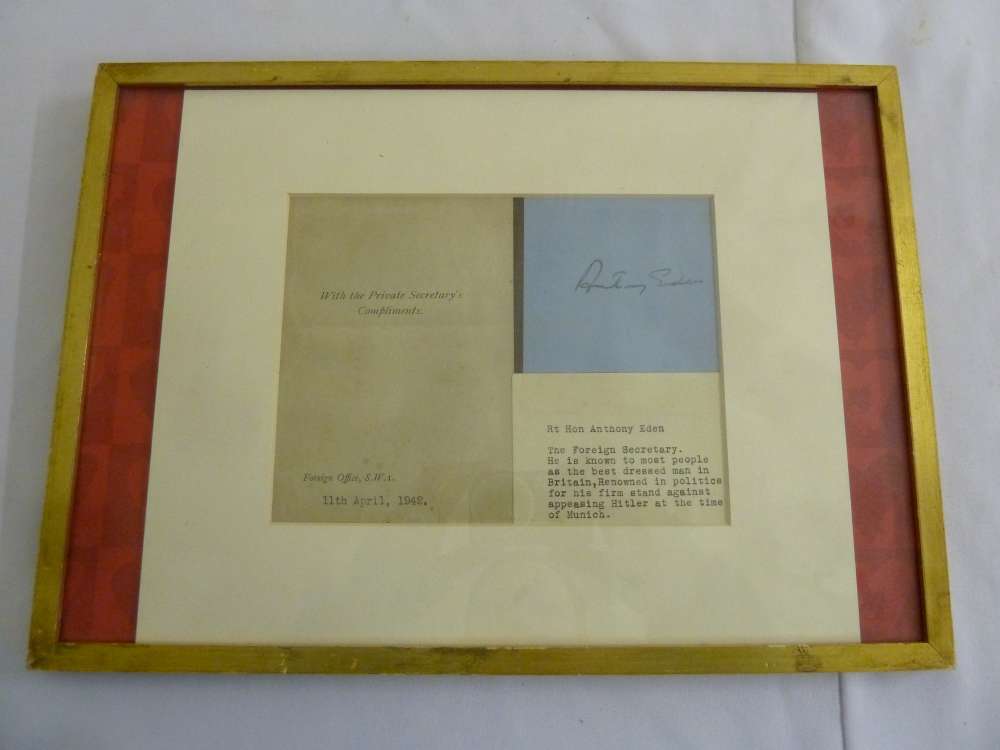 Framed and glazed signature of Anthony Eden dated 11th April 1942