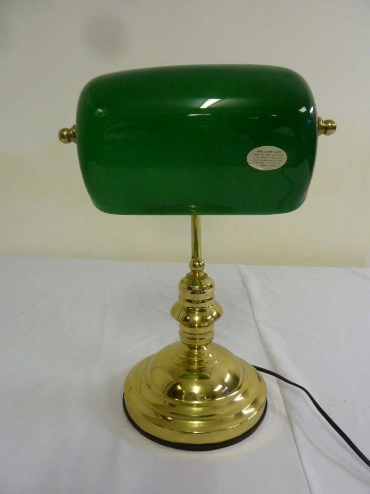 Brass and green glass library lamp