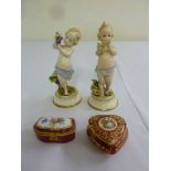 Pair of Crown Naples figurines and two Limoges boxes