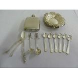 A quantity of silver and white metal to include a hip flask, a bonbon dish, a pair of tongs and nine