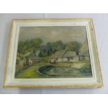 Constance Haile oil on board of a rural village signed and dated 1954 with artist label on verso -