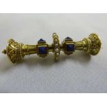 Victorian gold bar brooch set with lapis lazuli pyramids and seed pearls