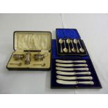 Mappin and Webb cased silver condiment set, a cased set of six silver tea spoons and a cased set