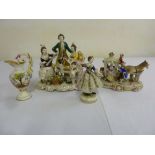 Three Capodimonte porcelain figural groups and a vase