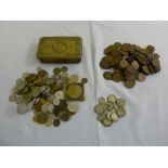 A quantity of English and foreign coins to include pre 47 silver and a WWI copper Xmas box