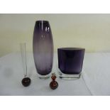 Whitefriars bud vase, two amethyst glass vases and an overlaid glass scent bottle