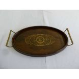 Edwardian oval inlaid mahogany tray with brass handles