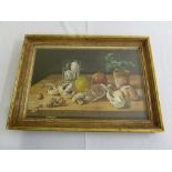 Robert Dunmont Smith oil on board still life of apples, mushrooms and eggs signed bottom right -