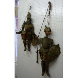 Two Continental wooden and metal marionette puppets of medieval knights