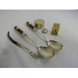 A silver trinket box, a pair of silver plated salad servers, a silver plated pickle fork, a silver