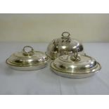 Silver plated meat dish cover and two entrée dishes and covers