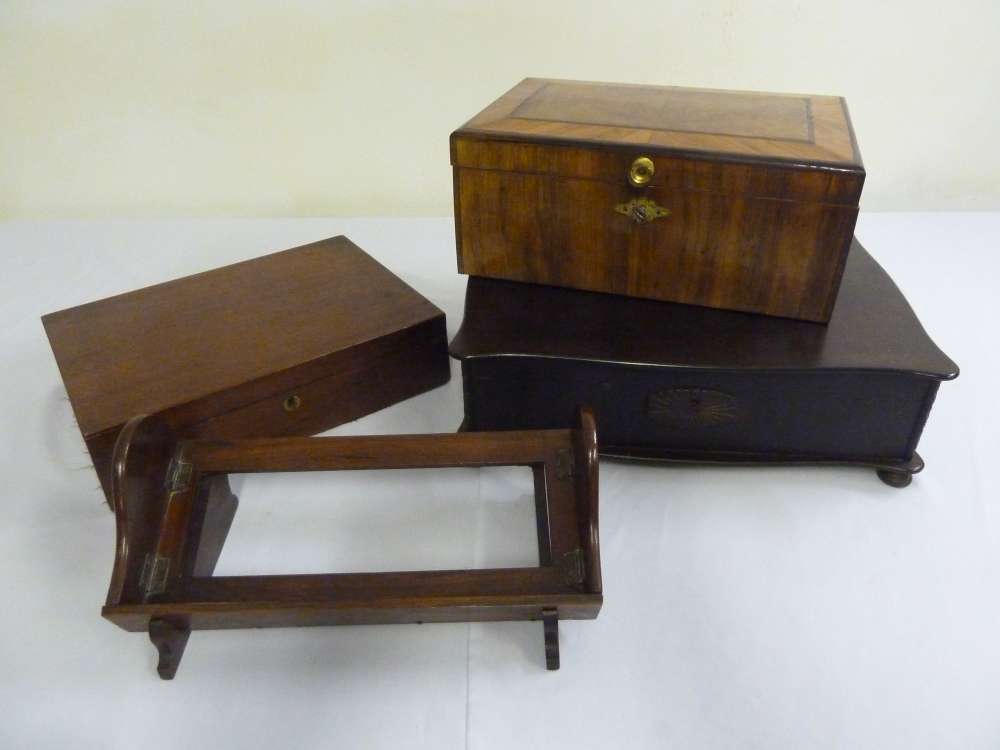 A mahogany stationery box, a mahogany music stand and two cutlery boxes