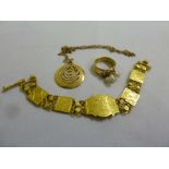 A quantity of Persian gold to include a bracelet, a pendant on a gold chain and a ring with cultured