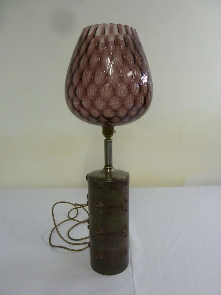 1970s table lamp with metal base and amethyst colour glass shade