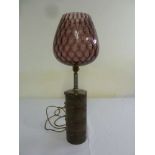 1970s table lamp with metal base and amethyst colour glass shade