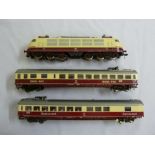 Fleischmann HO gauge electric locomotive 4376 and two coaches (Restaurant and Quiccpicc)