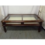 Mahogany coffee table, rectangular with glazed top and sliding drawer on four curved rectangular