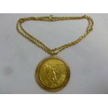 Mexican 50 Pesos gold coin set in 18ct gold pendant on an 18ct gold chain