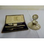 A cased silver Christening set and a silver capstan inkwell