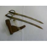 Two late 19th century cutlasses with shagreen handles and brass guards and a military glass hip