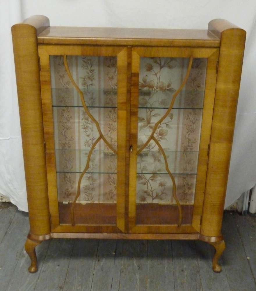 Art Deco walnut veneered and glazed display cabinet on cabriole feet