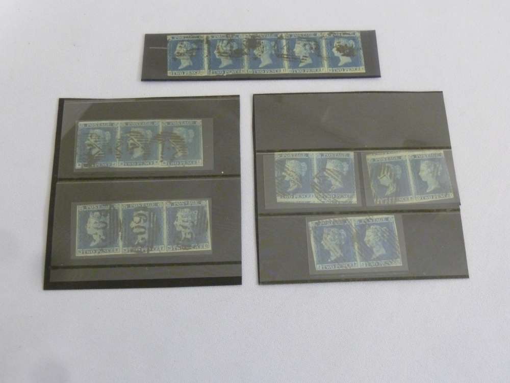 A quantity of 2d blue Victorian stamps to include a strip of five, two strips of three and three