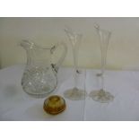 A cut glass jug, a pair of Victorian tulip vases and an amber glass box and cover