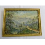 Oil on canvas of forest and mountain scene, signed bottom right - 24 x 34cm