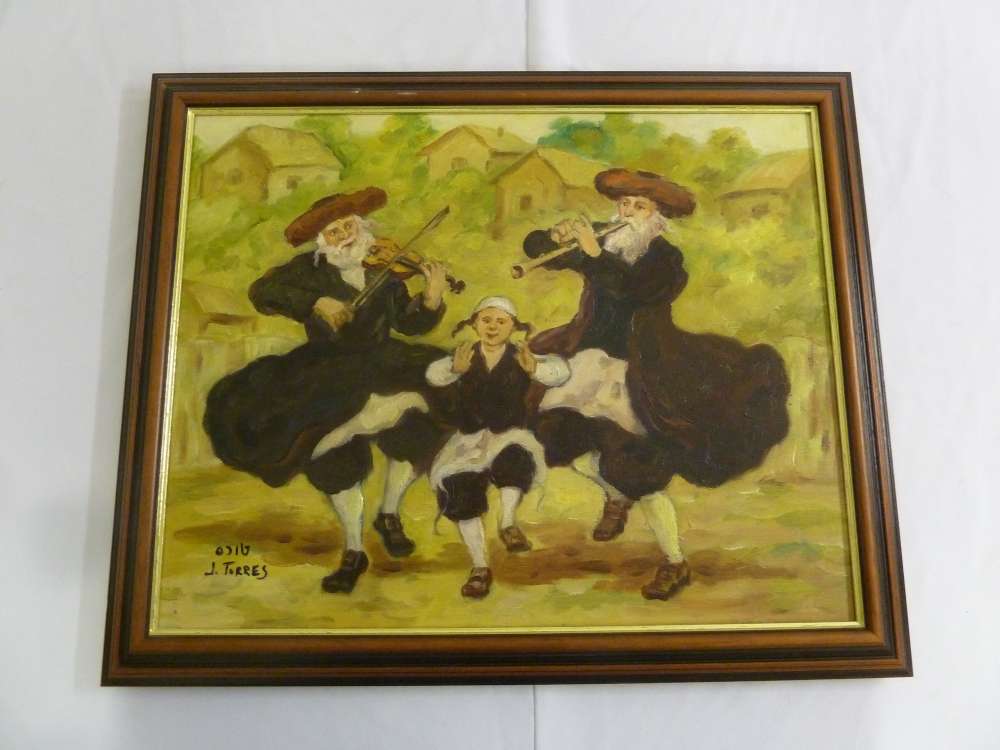J Torres oil on canvas of Chassidic musicians, signed bottom left 38 x 48cm