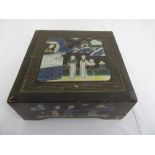 Chinese rectangular ebonised hardwood box decorated with figures and buildings with pull-off cover