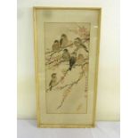 Chien Ying Chang watercolour of sparrows on an almond tree, signed to right hand side label to verso