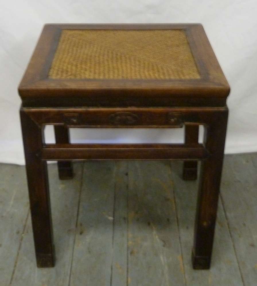 Chinese hardwood side table with inset caned top