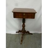 Victorian mahogany sewing table on pedestal base with three outswept legs