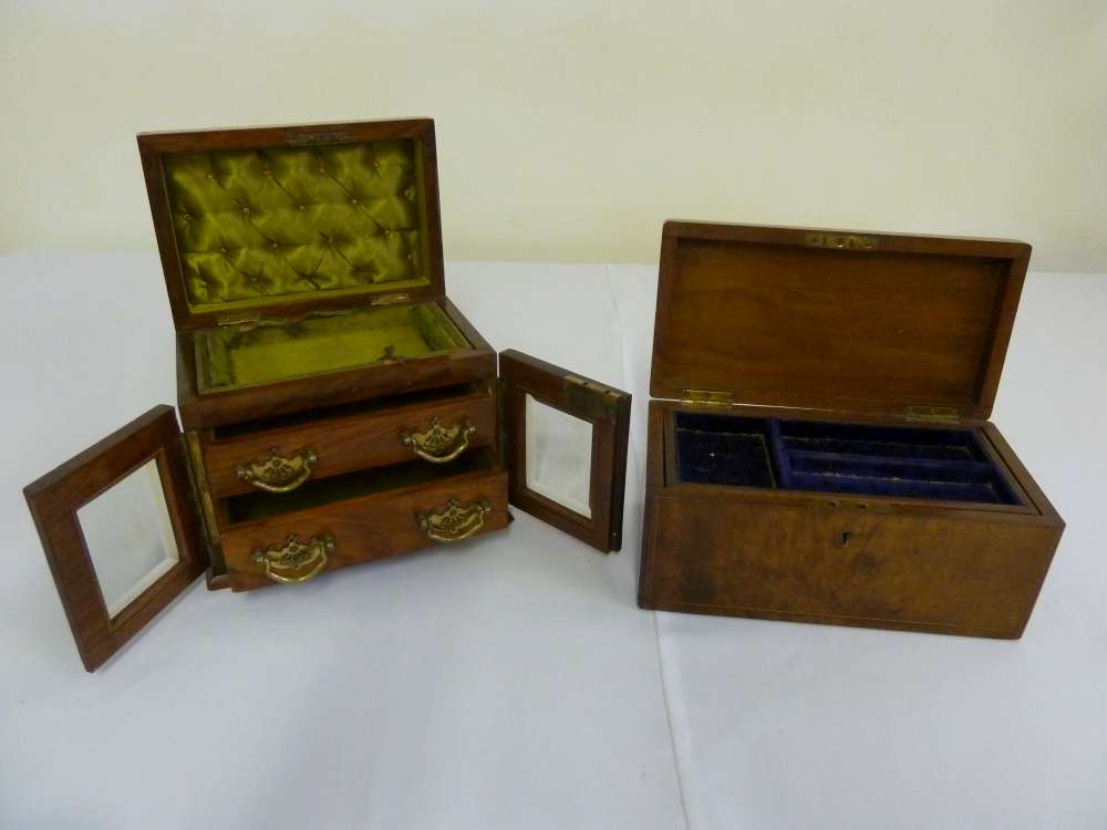 Two walnut jewellery boxes with hinged covers