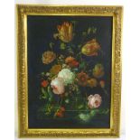 An oil on canvas still life of flowers in the Dutch 17th century style in ornate gilt frame - 100