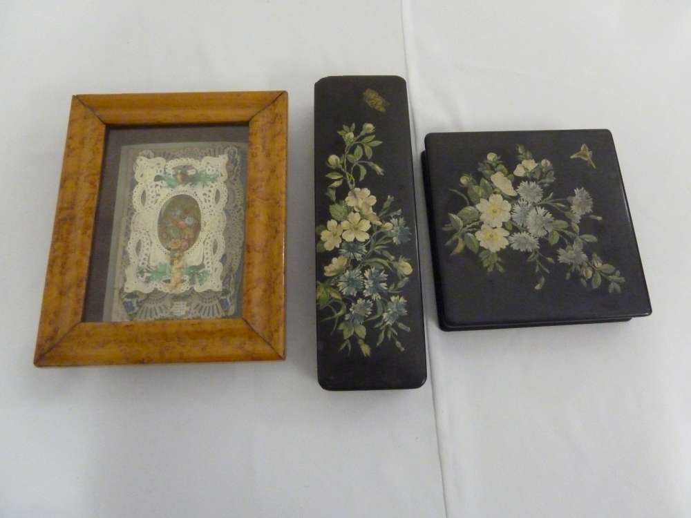 Victorian framed and glazed decoupage display and two papier mache glove and jewellery boxes