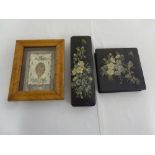 Victorian framed and glazed decoupage display and two papier mache glove and jewellery boxes