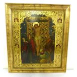 Late 19th century pre Raphaelite style oil on board painting of Christ on the Cross - 70 x 59cm