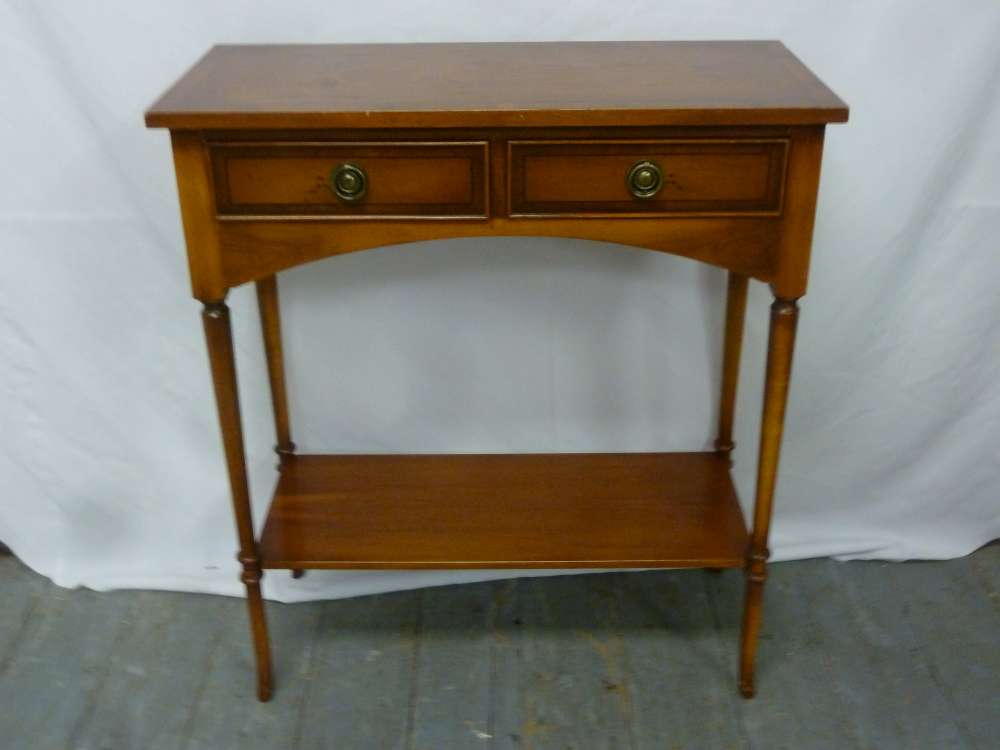 Yew wood hall table with two drawers on turned legs