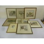 Winifred Austin eight watercolours of birds and a mono engraving