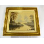 Ettore Marinelli oil on canvas landscape of a river and trees at dusk, signed bottom left - 38 x