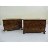 A pair of walnut jewellery chests, with two drawers, turned wooden handles on bun feet - A/F