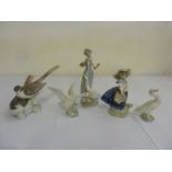 Lladro five figurines to include birds and a girl