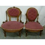 Two Victorian upholstered nursing chairs on turned baluster feet