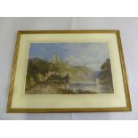 Framed and glazed watercolour of a Continental landscape with figures and a lake - 36 x 57.5cm