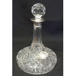 Crystal ships decanter with drop stopper, silver collar and silver wine label