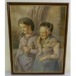 C. Goebel watercolour of two ladies - 74 x 55.5cm